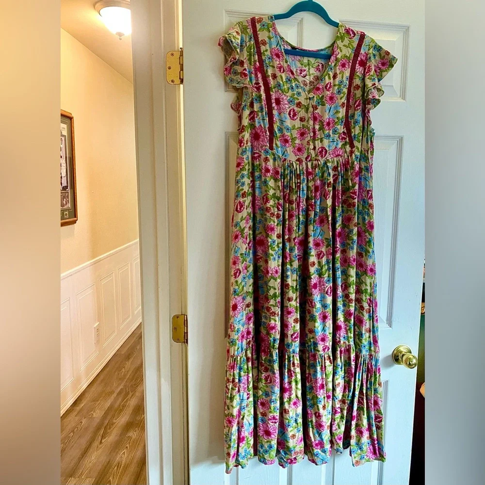 BloomChic Pink Floral Maxi Dress on Green Background. - Picture 5 of 9